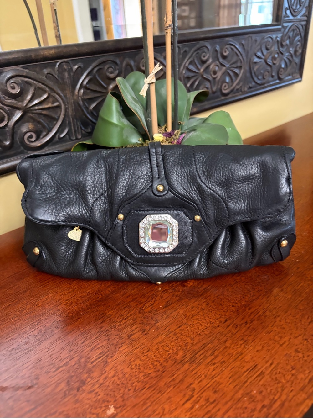 OHH! Ashley Black Leather Clutch with Crystal Accent